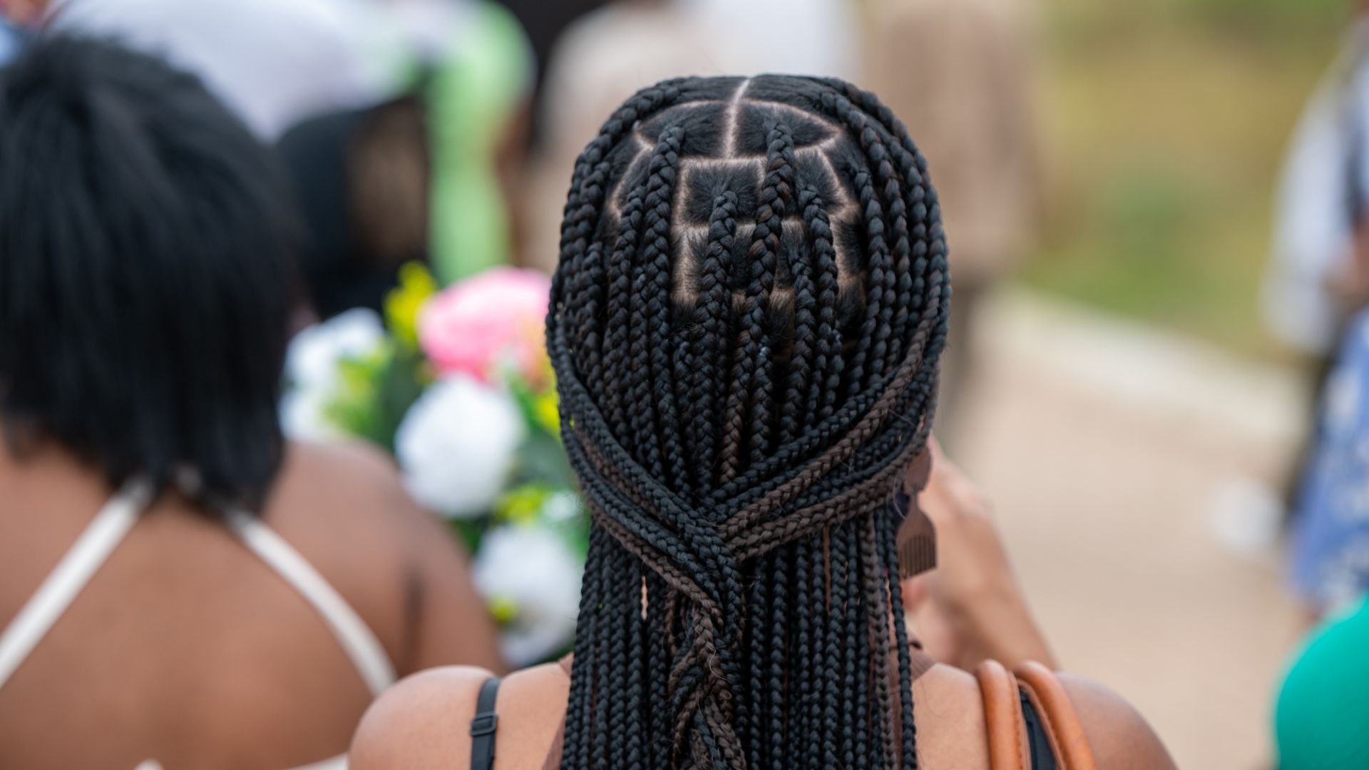 The back of a woman's head with braids